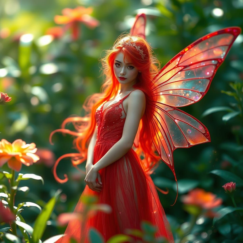 Fiery Red Fairy in Enchanted Emerald Garden