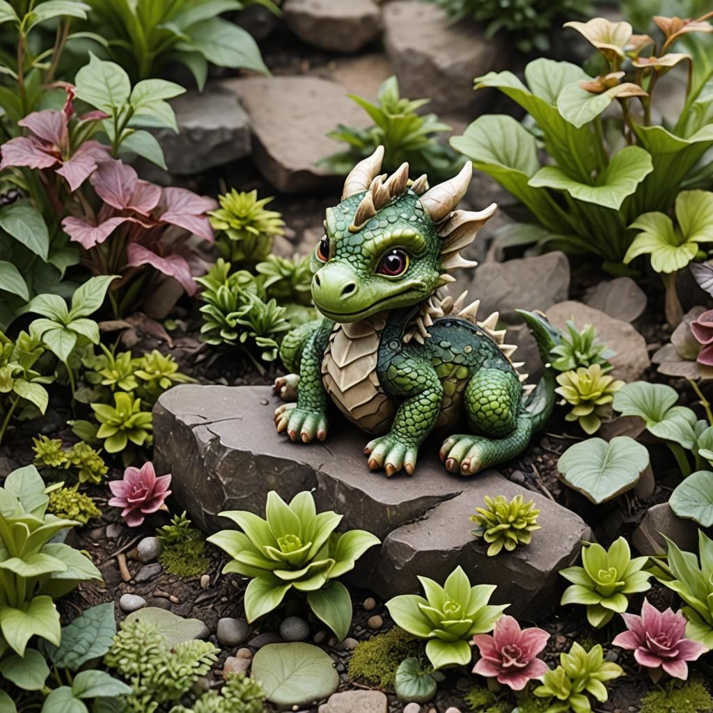 Cute Miniature Baby Dragon in Spring Garden