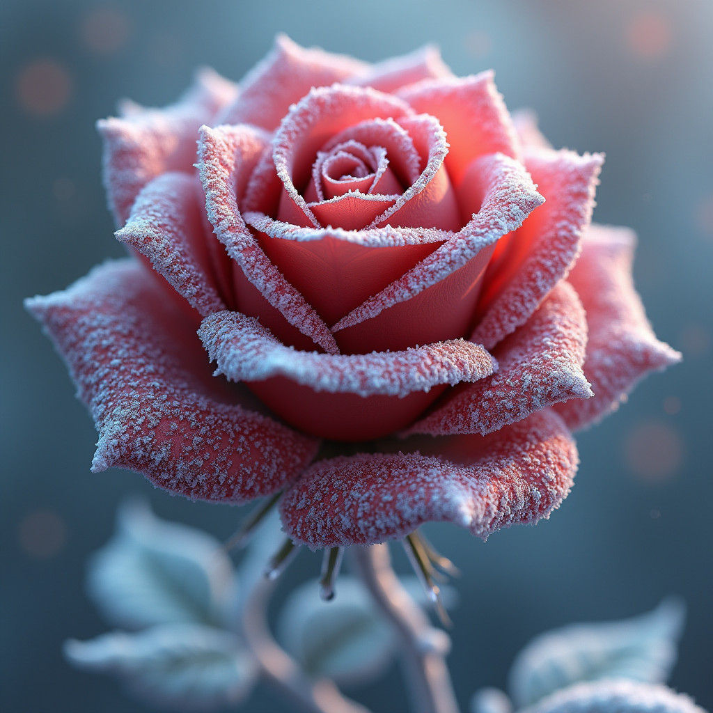 Icy Crimson Rose in a Fantasy Landscape