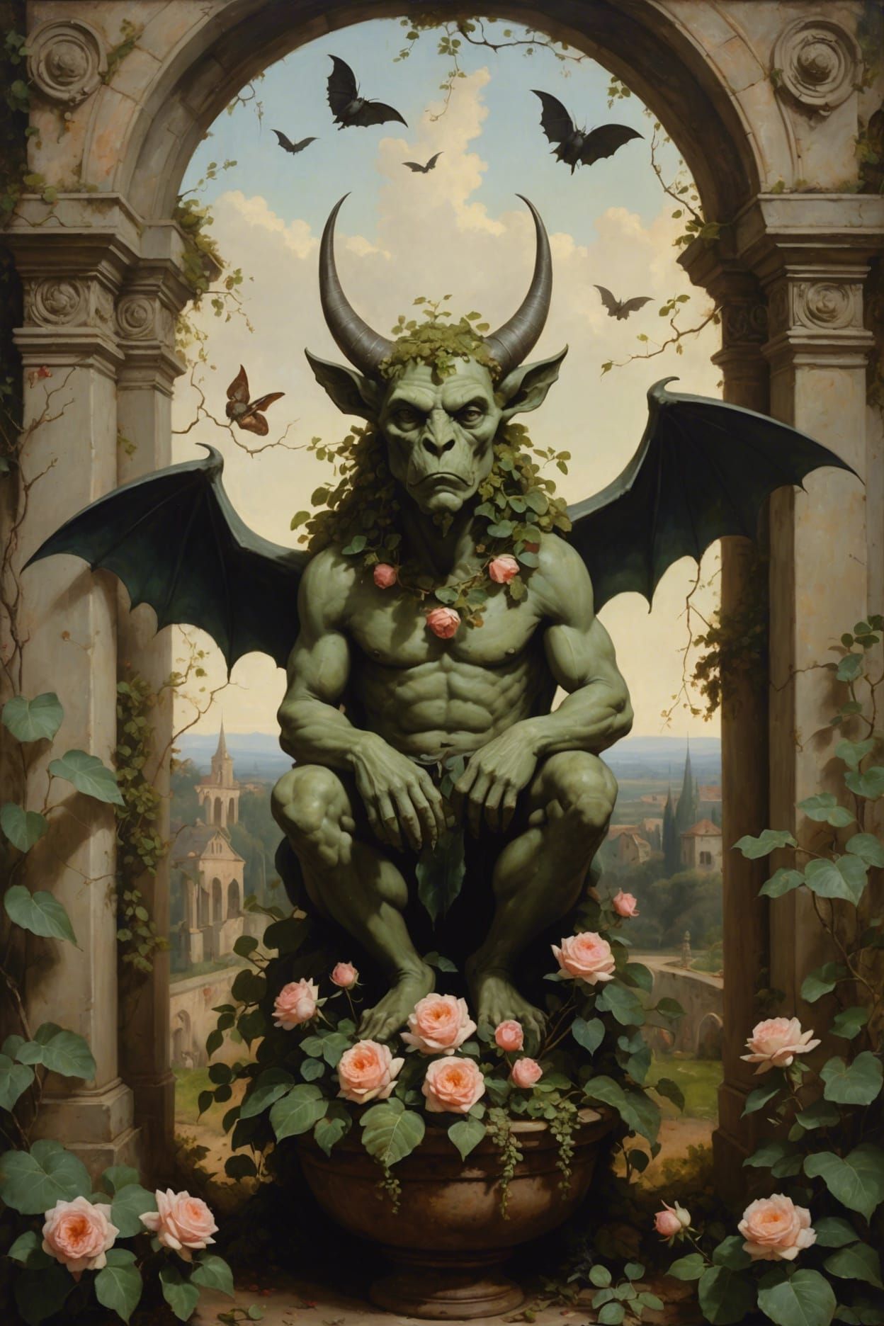 Baroque Gargoyle in Garden Oil Painting