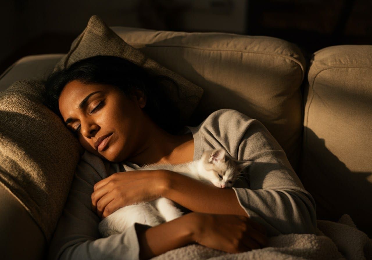 Woman and Kitten Napping in Golden Light