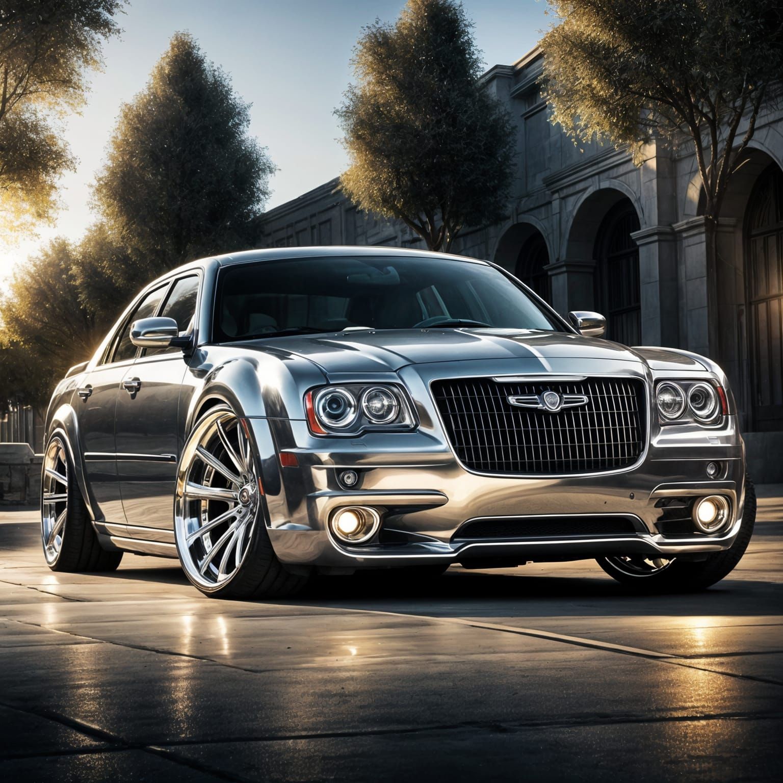 Mean Silver Chrysler 300c with Chrome Mags