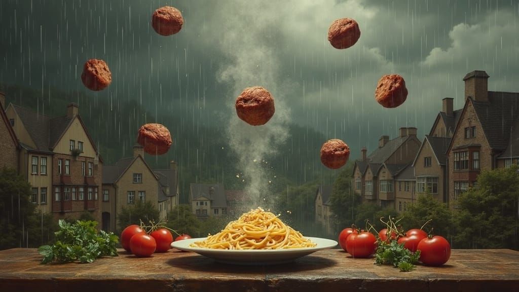 Meatball Rain Over Italy: A Surrealist Painting