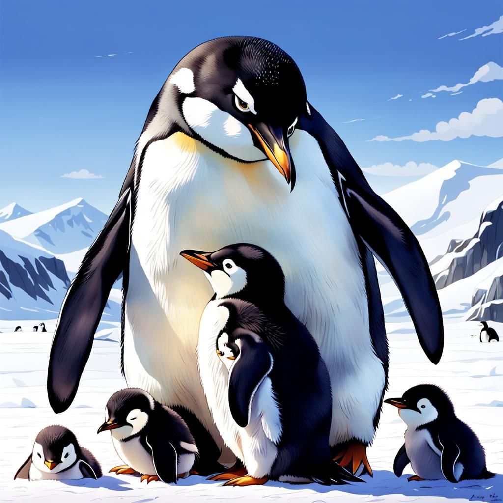 Mother Penguin and Babies in Anime Style