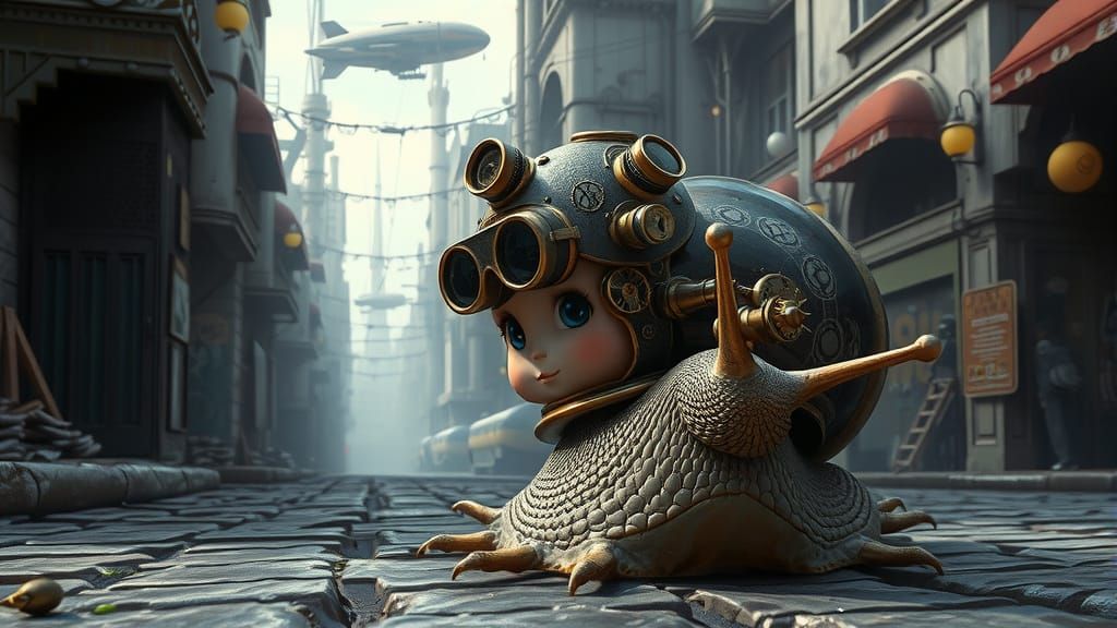 Steampunk Snail Adventurer in Industrial Cityscape