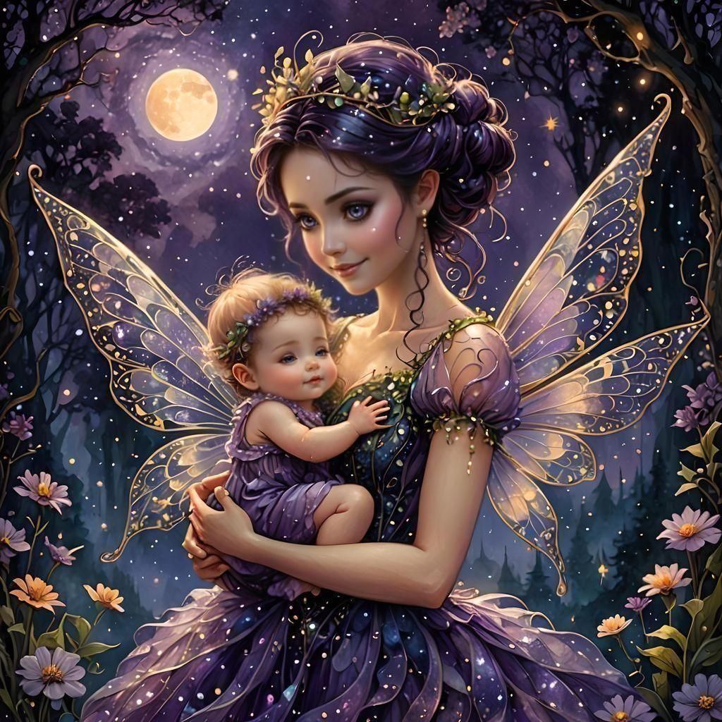 Loving Fairy Holding Baby Fairy in Ethereal Style