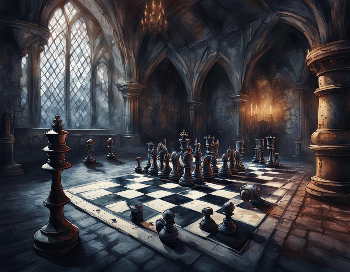 Gothic Chess Game in Abandoned Castle, Watercolor Style