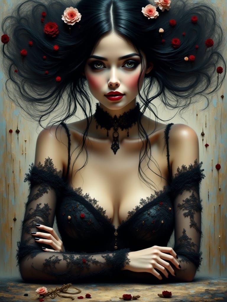 Gothic Woman with Red Lips in Dark Romanticism Style