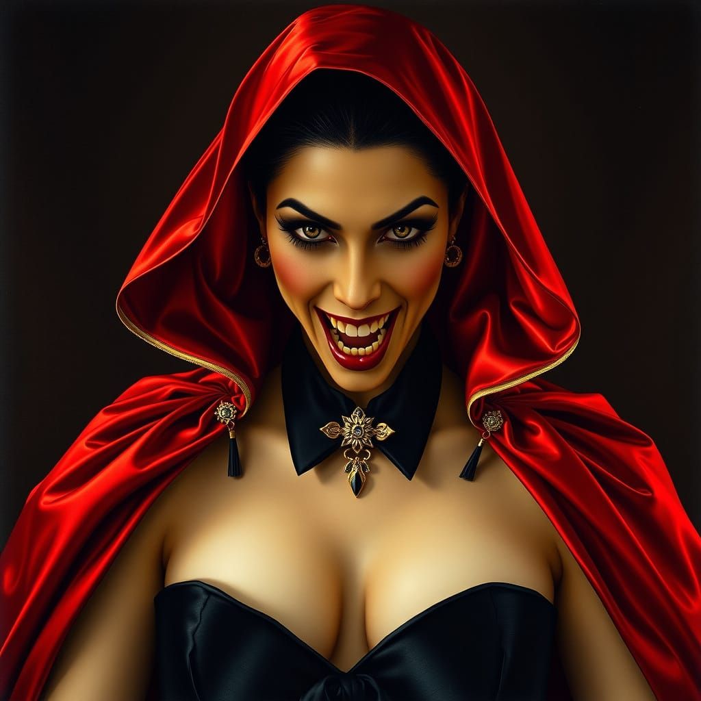 Elegant Vampire Baroness in Crimson Red Dracula Cape