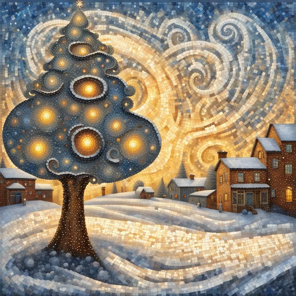 Steampunk Christmas Tree Mosaic in Winter Village