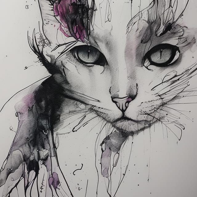 Detailed Cat Sketch in Watercolor Style