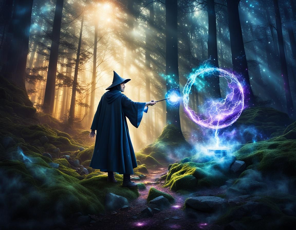 Mysterious Mage Casting Spell in Enchanted Forest