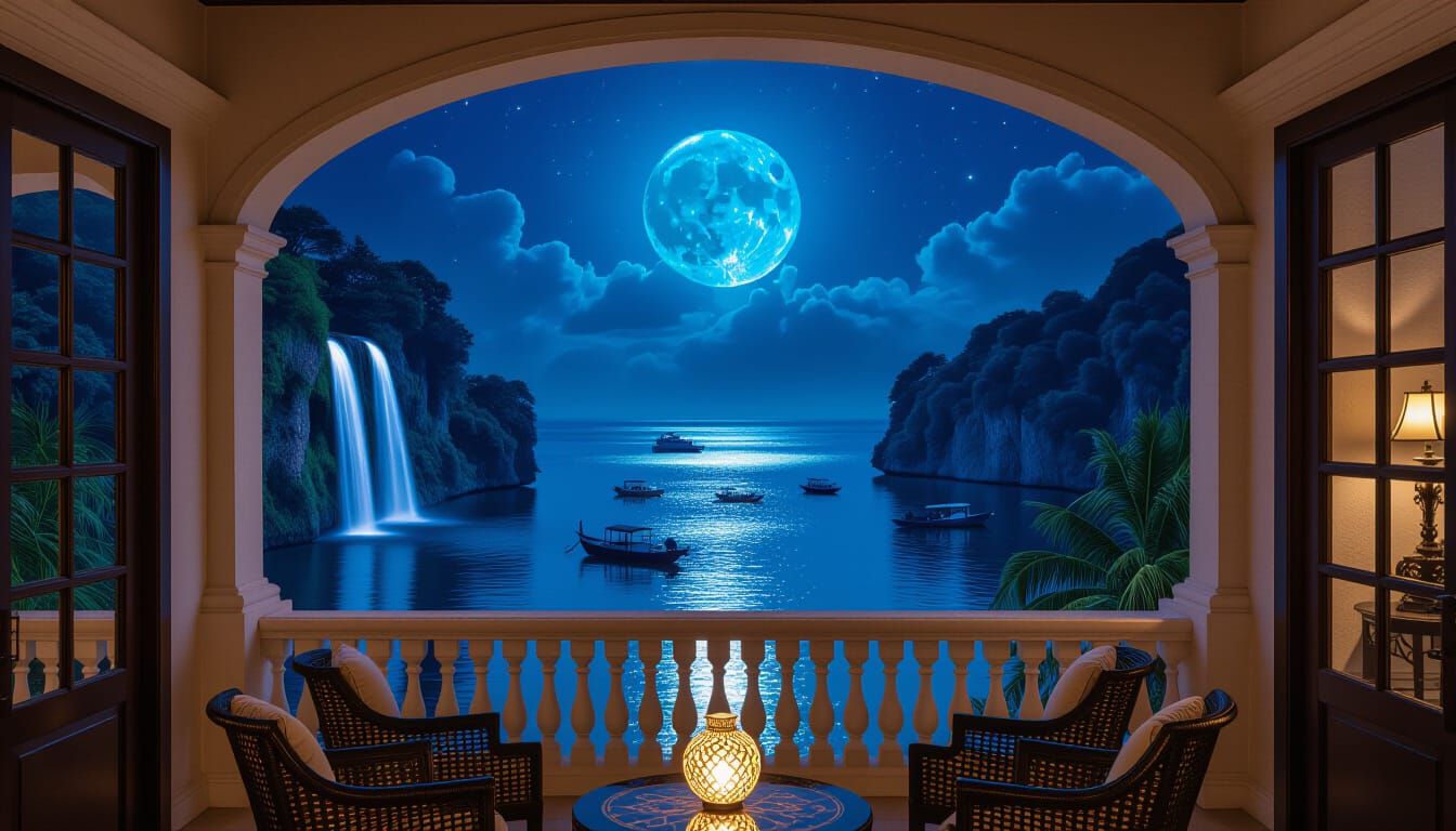 Glowing Blue Moon Over Tropical Coastline
