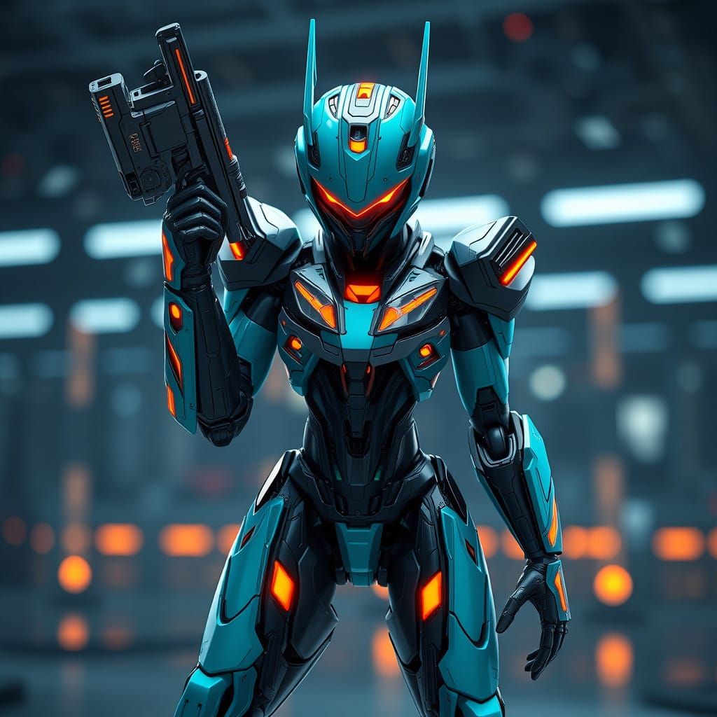 Cyberpunk Combat Gynoid in Neon Hues