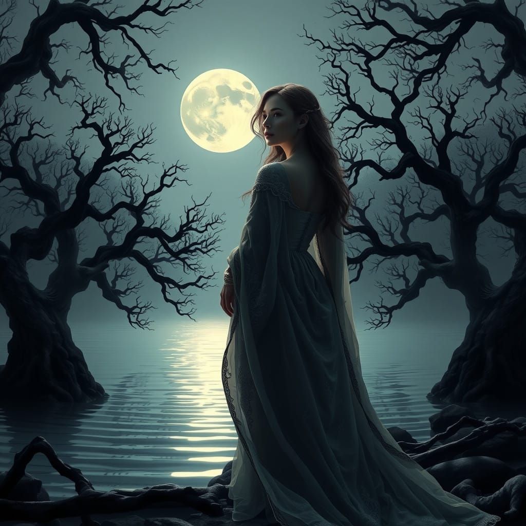 Enchanting Young Woman Contemplates Lake Under Full Moonligh...