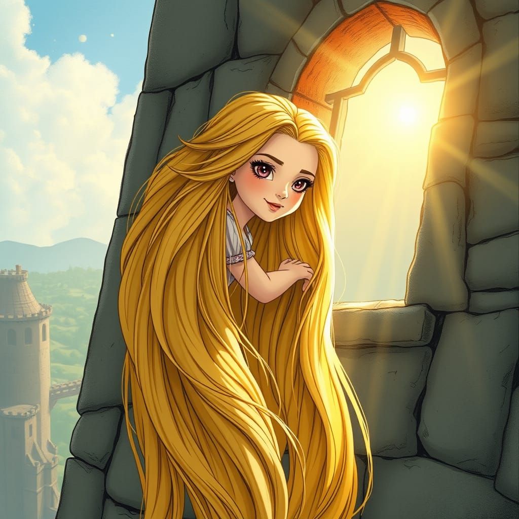 Rapunzel's Golden Hair Cascades From Ancient Tower