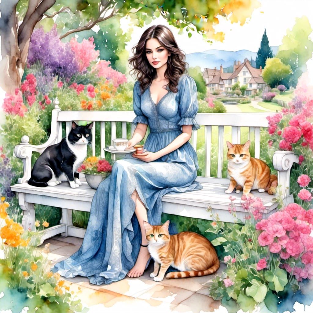 Woman in English Garden with Pets, Watercolor Art