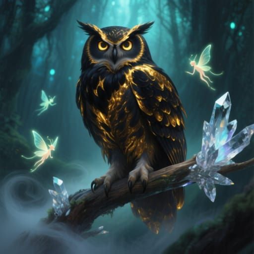 Golden Owl in Bioluminescent Forest