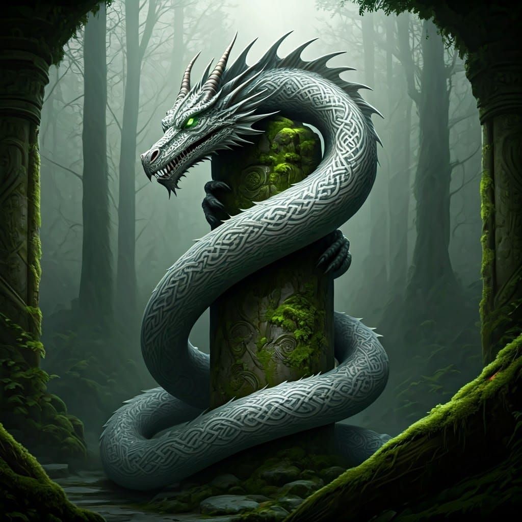Celtic Dragon Coiled Around Stone Pillar