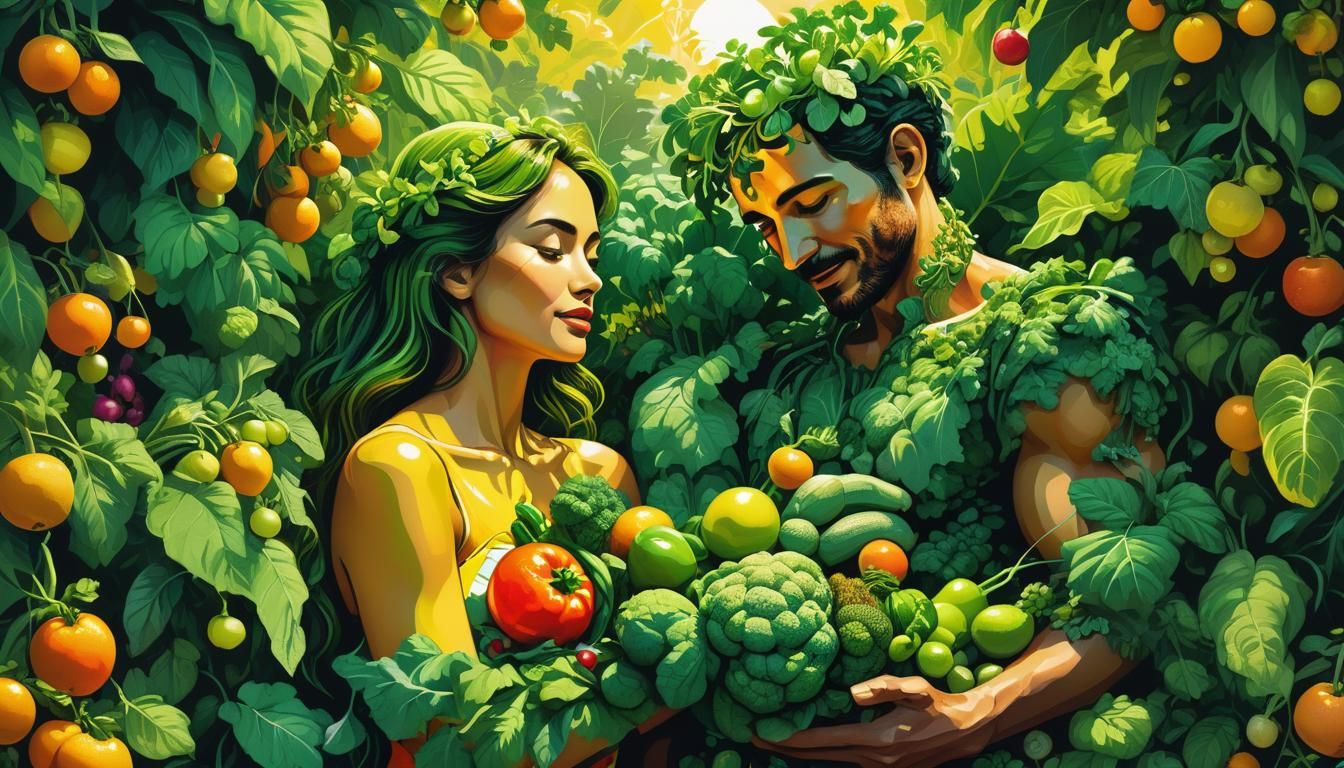 Vegetable Man and Fruits Woman in Pop Art Garden