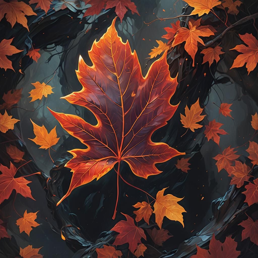 Glowing Autumn Leaf in Vibrant Oil Painting Style