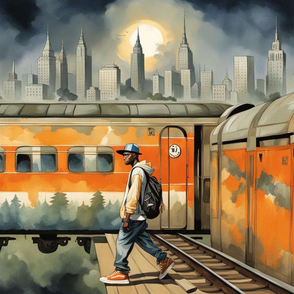 City Boy in Hip Hop Style Boarding Train