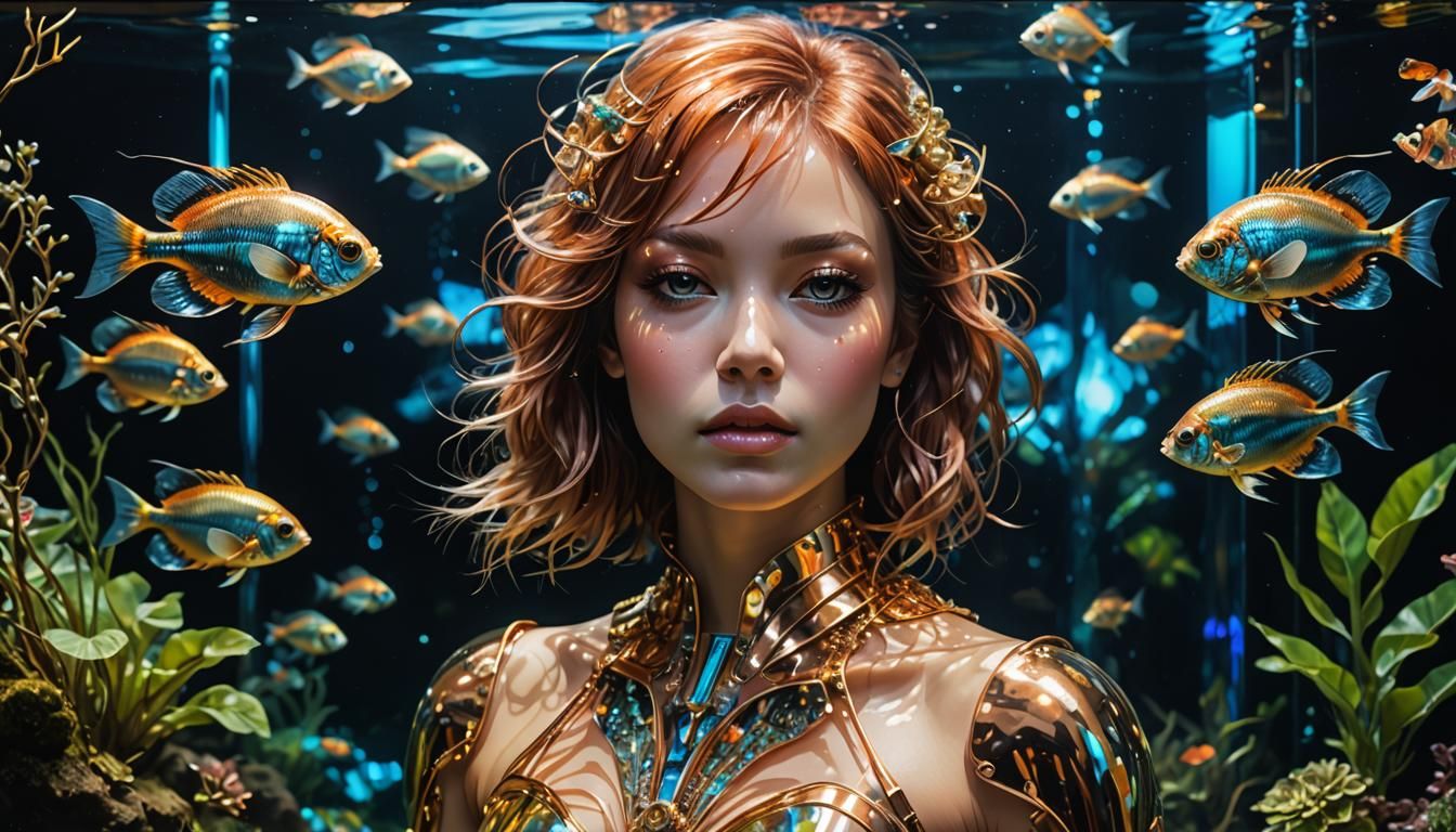 Futuristic Robotic Fish in Aquarium Illustration