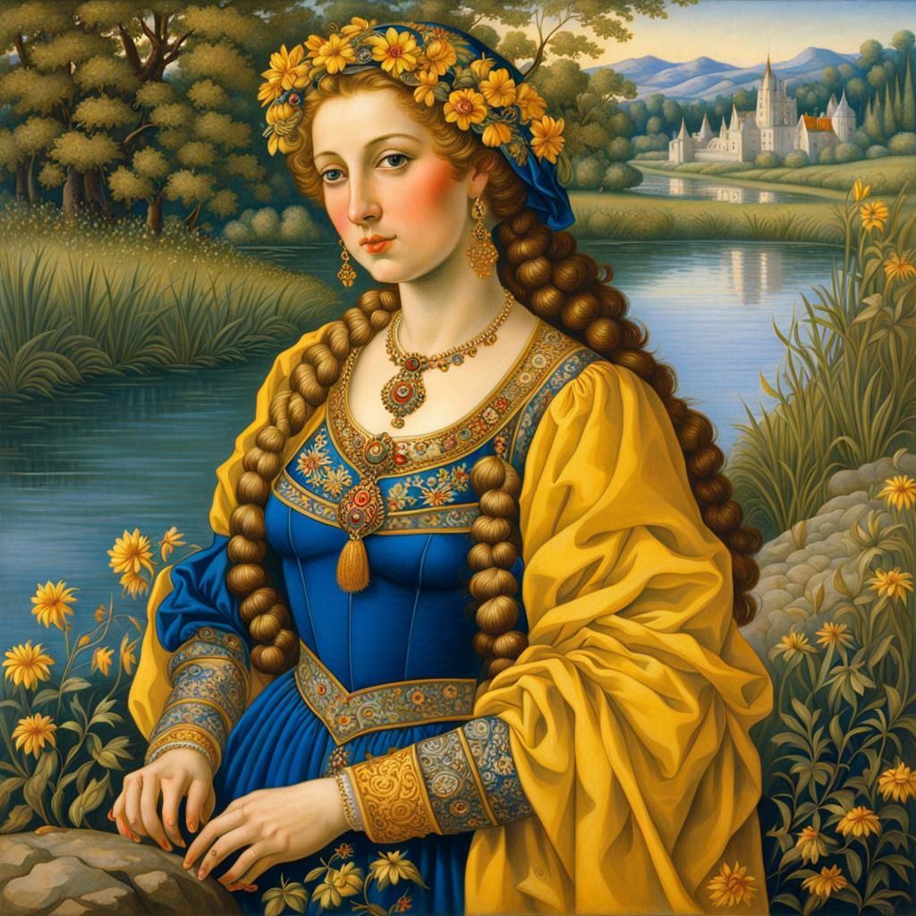 Renaissance Woman in Blue Dress at Riverbank