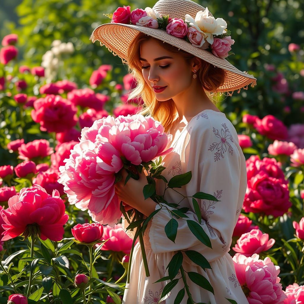 Elegant Woman Picks Bouquet in Lush Peony Garden