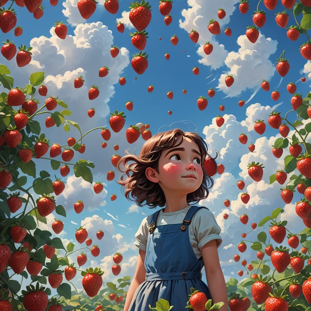 Girl Eating Strawberries in Whimsical Candy Art Style