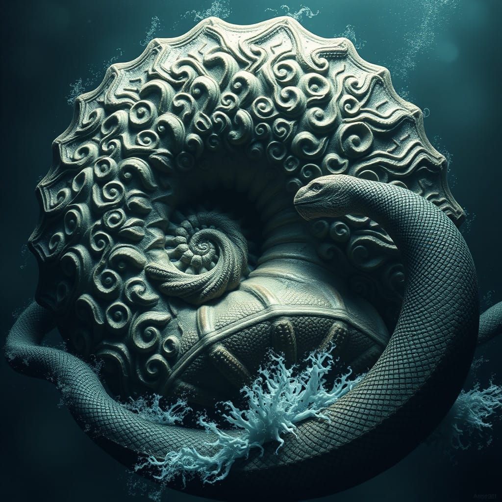 Massive Ammonite Battles Serpentine Sea Monster