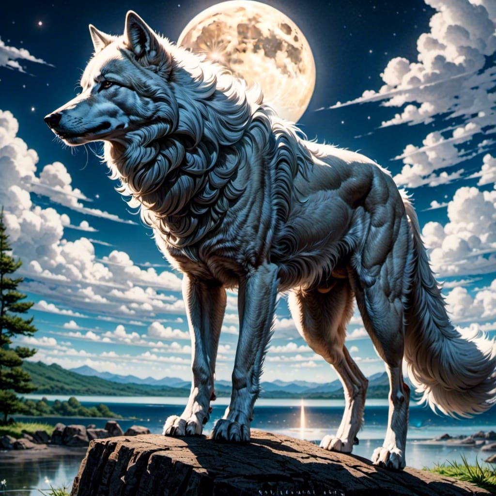 Detailed White Wolf Under Starry Moonlit Sky