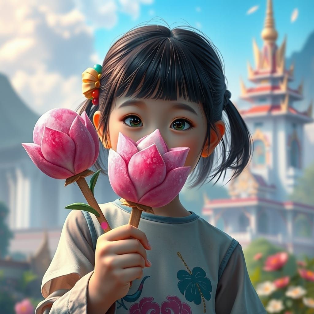 Japanese Girl with Lotus Ice Cream, Detailed Digital Art