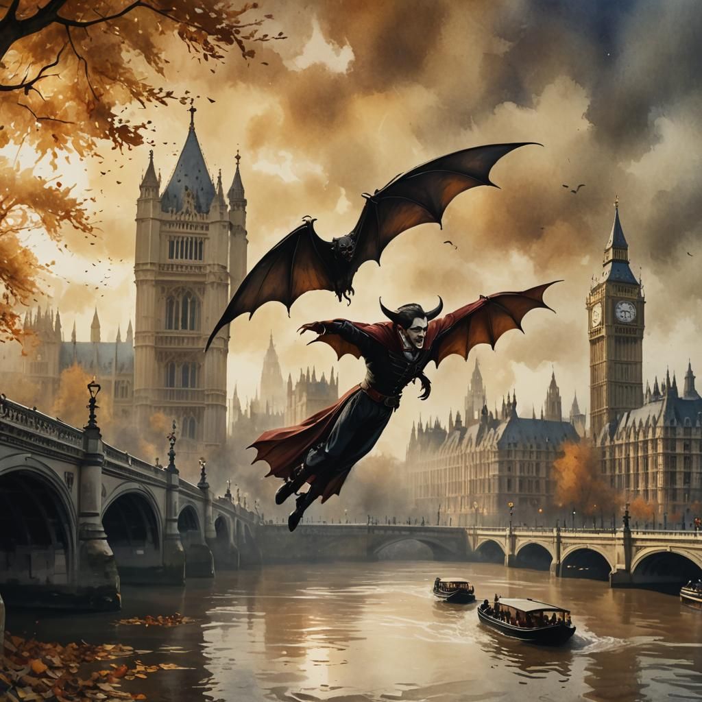 Vampire Over London Thames in Autumn: Impressionistic Waterc...