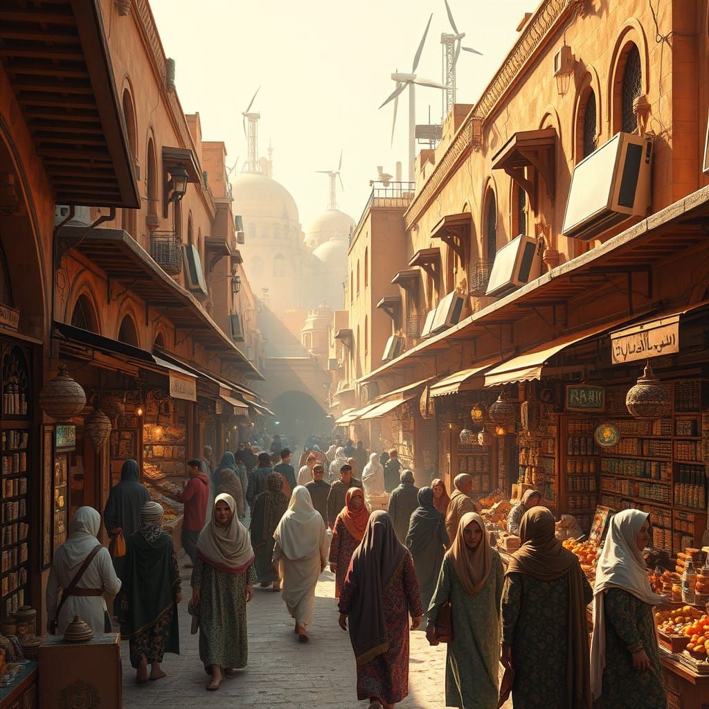 Vibrant Solarpunk Marketplace in Medieval Souq Style