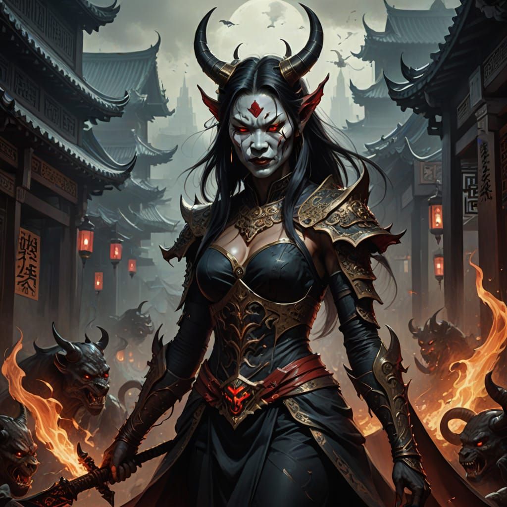 Elegant Asian Demon in Dark, High-Definition Fantasy Art