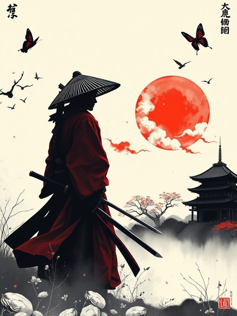 Lone Samurai in Windswept Landscape, Ink Wash Style