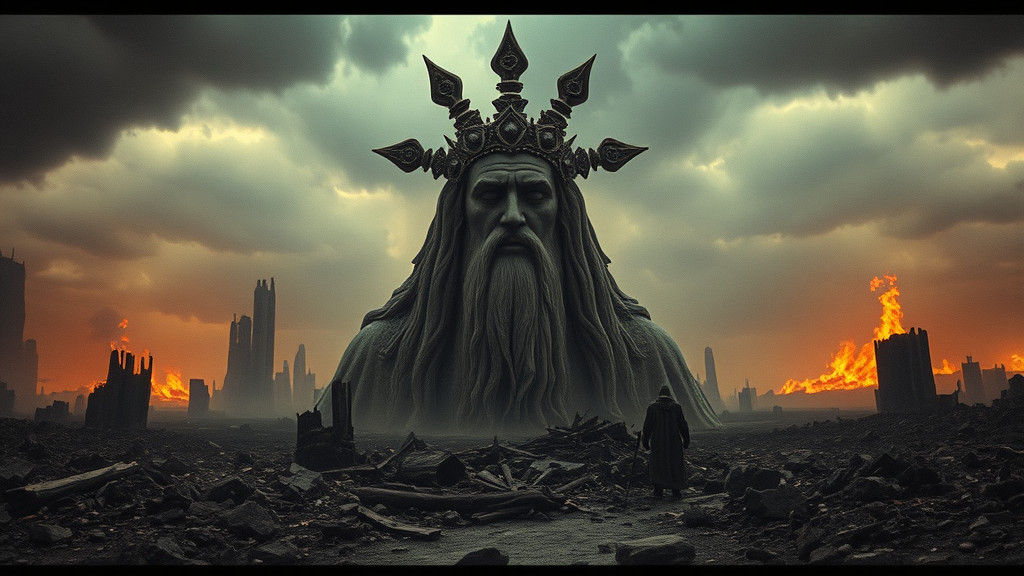 Crying Deity in Apocalyptic Landscape: Cinematic Film Still
