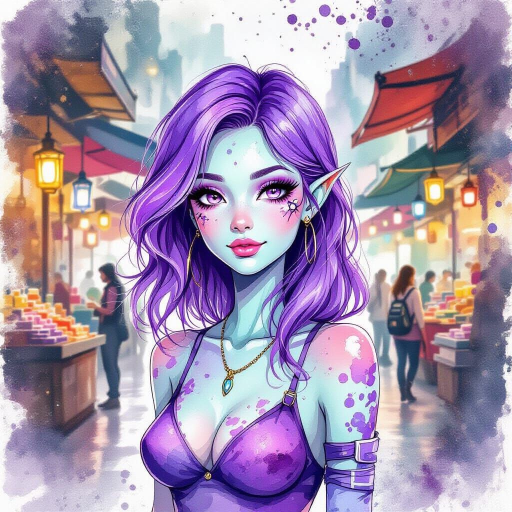 Purple Haired Alien in an Alien Marketplace