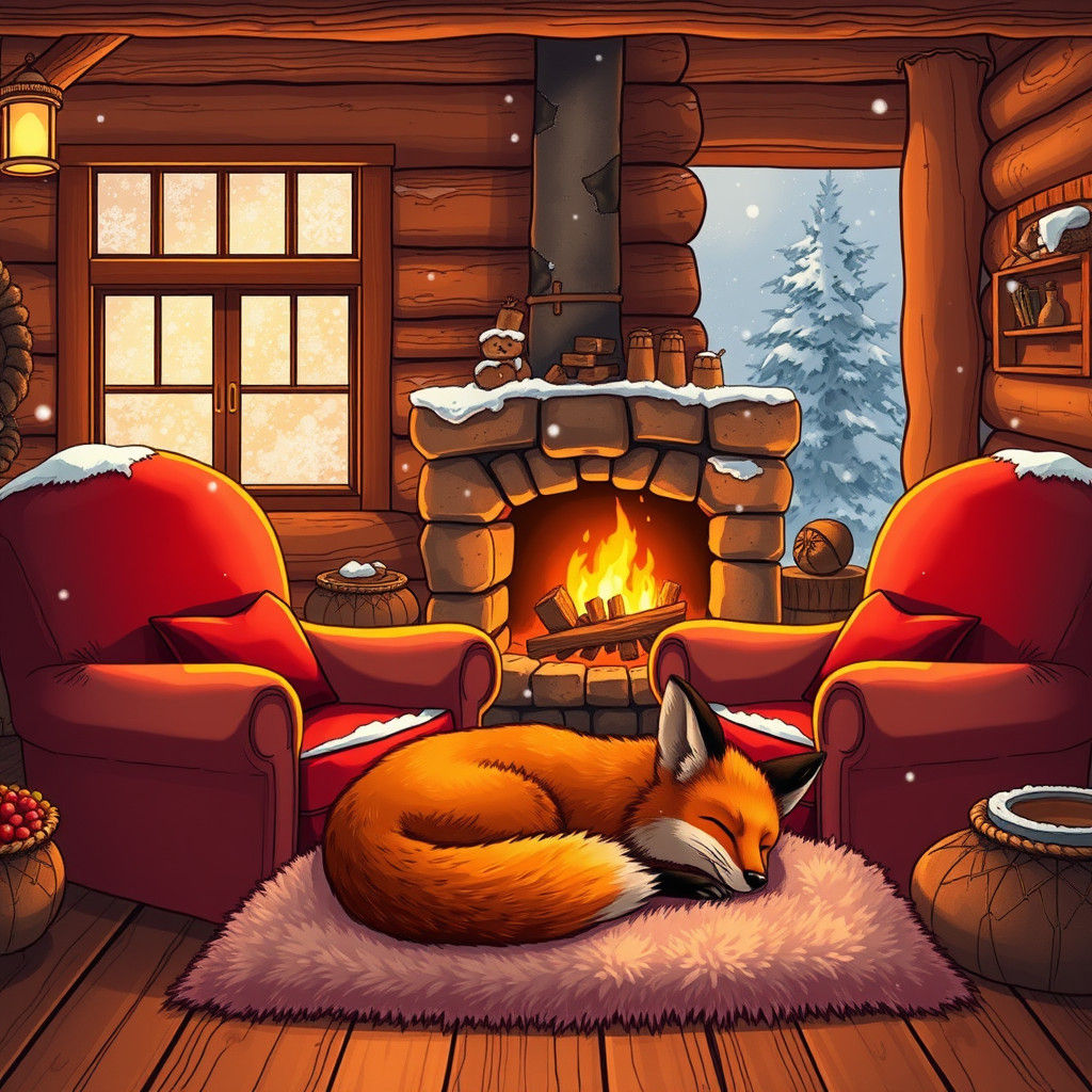 Cozy Cabin Interior with Fireplace in Anime Style