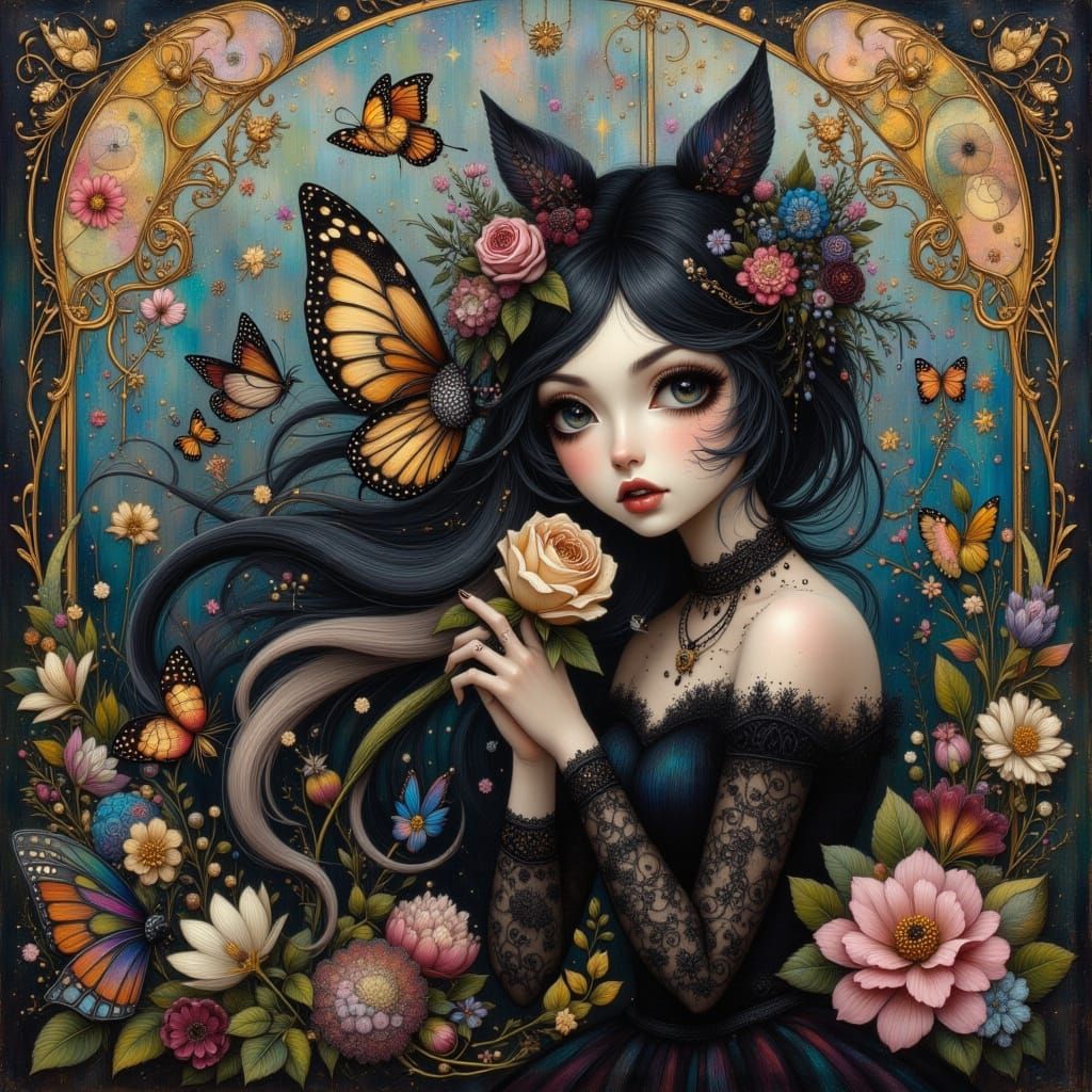 Whimsical Goth Woman in Dreamlike Fantasy Garden