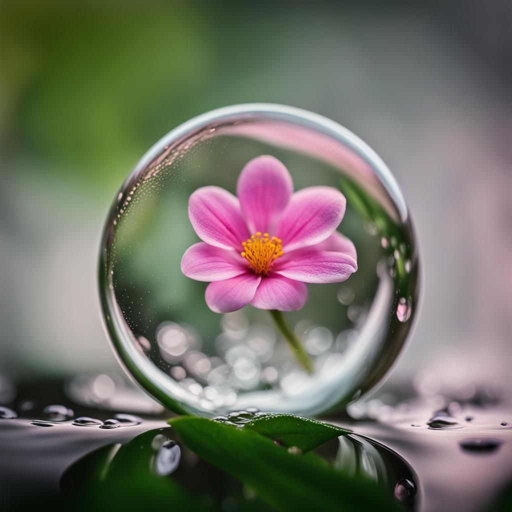 Pink Flower Reflected in Raindrop: Macro Photography