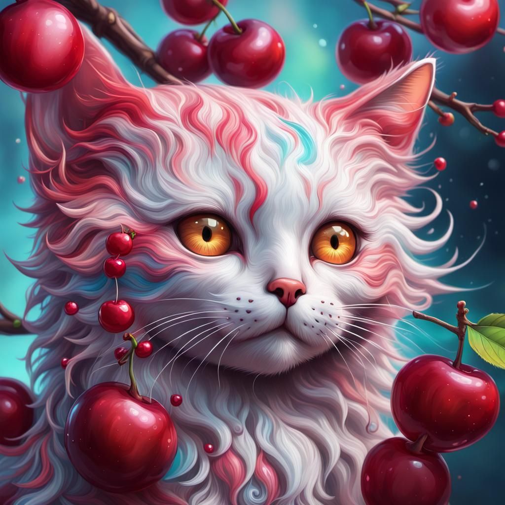 Hyperrealistic Cherry Cat Digital Painting