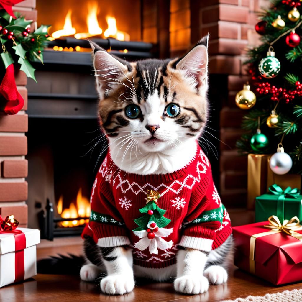 Kitten in Christmas Sweater by Fireplace