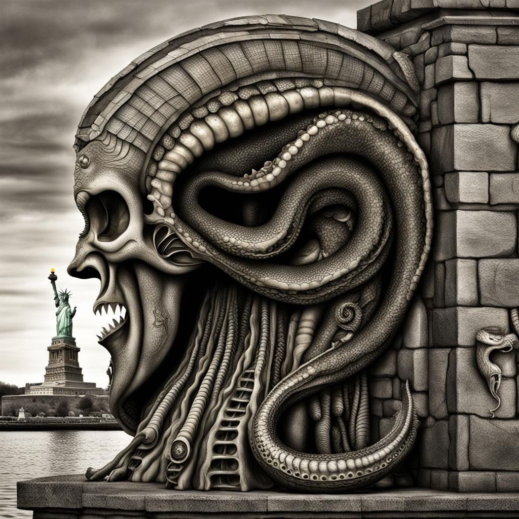 Gothic Lamprey in Ruined New York, H.R. Giger Style