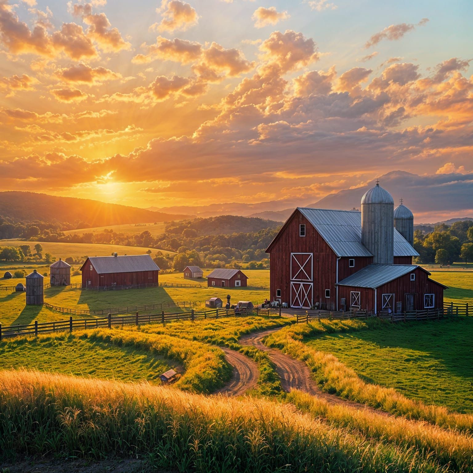 Golden Hour Farm Landscape in Whimsical Impressionist Style