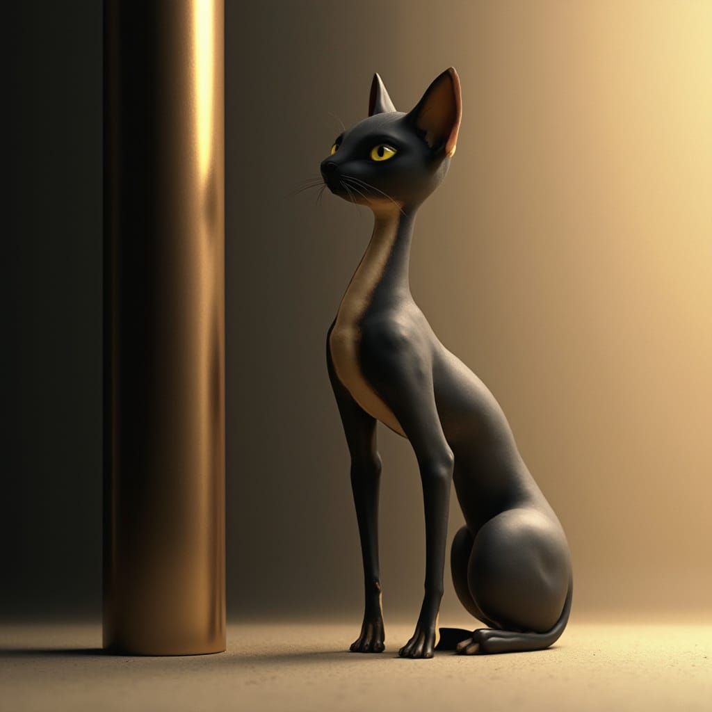 Ethereal Black Cat Beside Metallic Pillar