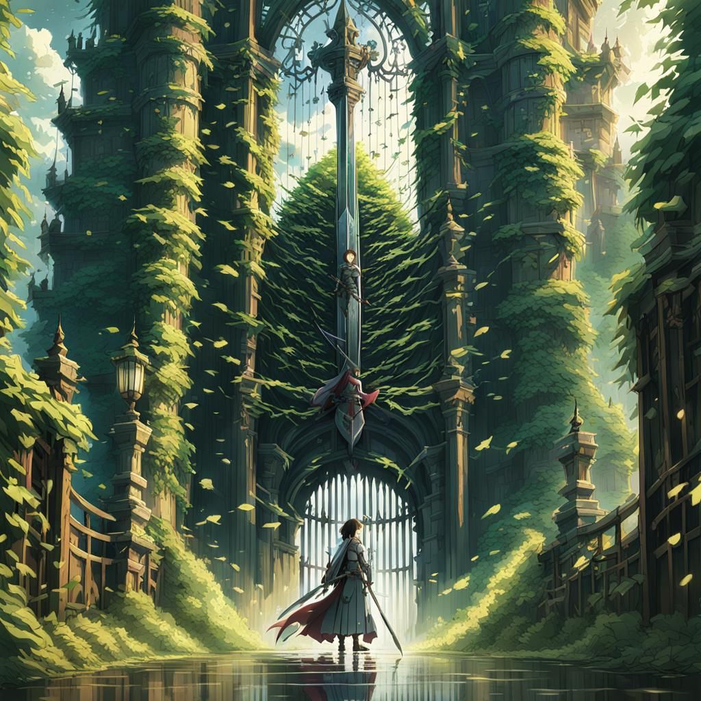 Anime Warrior Woman Guards Vine-Covered Tower