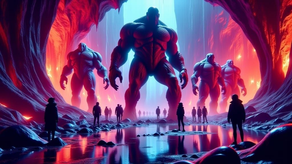 Colossal Giants in Neon Fantasy Landscape