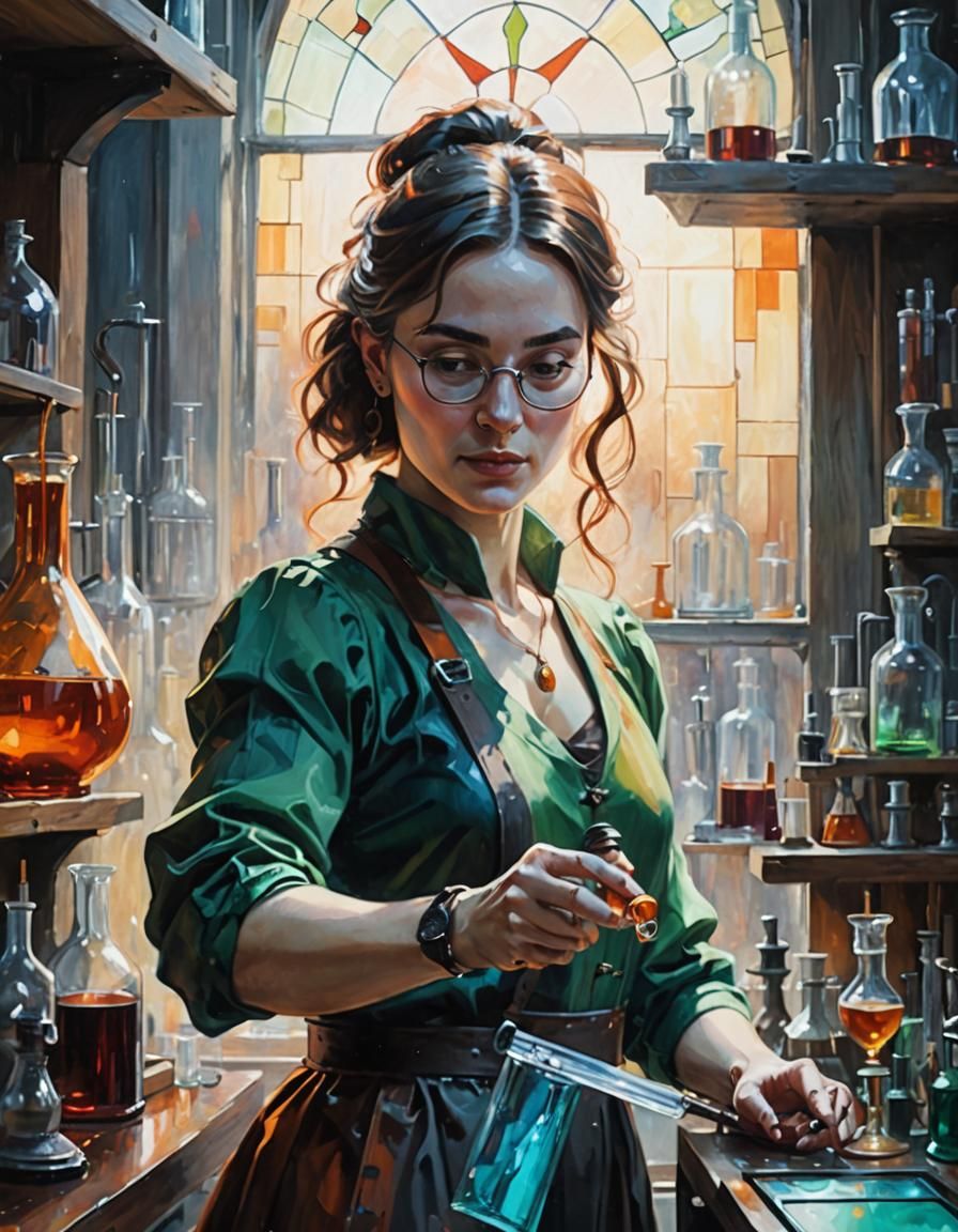 Alchemist Woman in Laboratory: Oil Painting